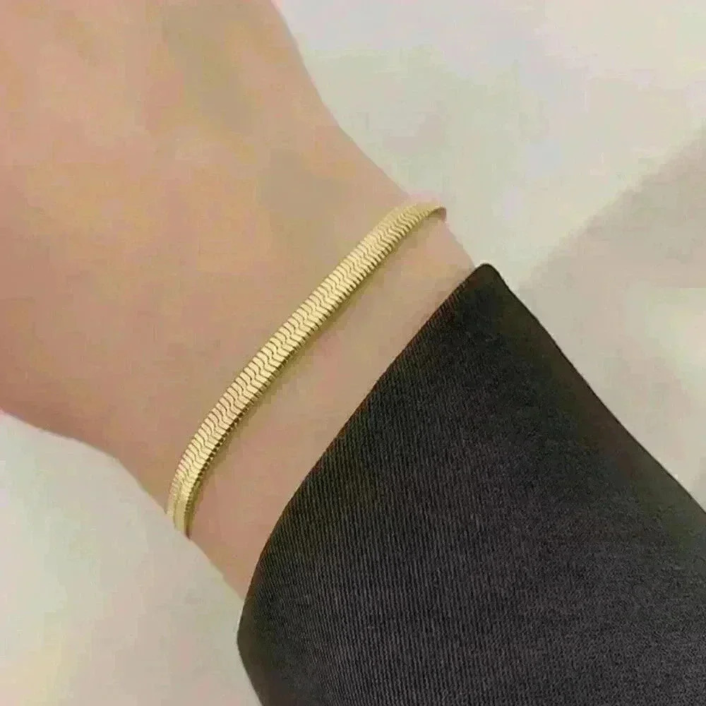 New Women's Gold 18k Flat Snake Gold Chain over Sterling Silver Bracelet